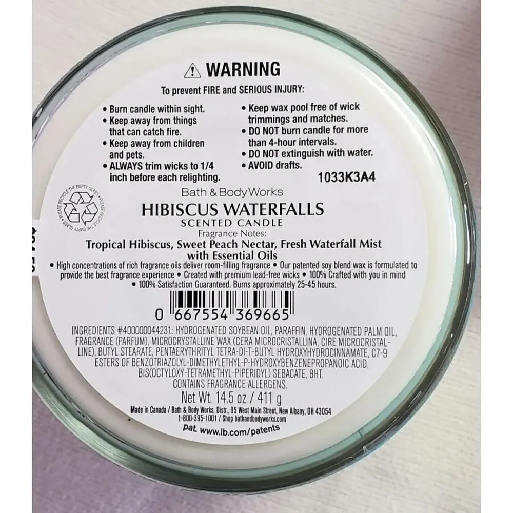 BBW Hibiscus Waterfalls Large 3 Wick Candle Fresh Home Fragrance Decor